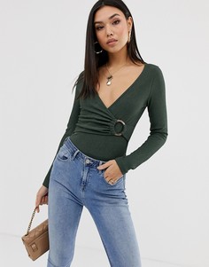 Боди из жатой ткани с запахом и кольцом ASOS DESIGN-Зеленый