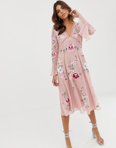 Платье миди с вышивкой и кружевом ASOS DESIGN-Розовый