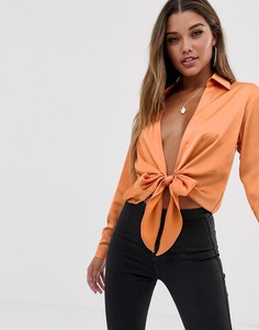 Рубашка с глубоким вырезом, завязкой и длинными рукавами ASOS DESIGN-Светло-коричневый