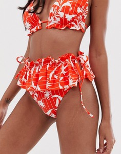 Плавки бикини в полоску с цветочным принтом и оборкой ASOS DESIGN-Красный