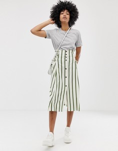 Зеленая юбка миди в полоску с эластичным присборенным поясом ASOS DESIGN-Мульти