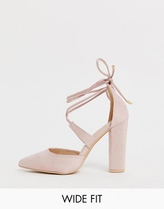 Розоватые туфли-лодочки для широкой стопы на блочном каблуке с завязками Glamorous Wide Fit-Розовый