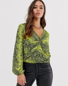 Боди с драпировкой, длинными рукавами и змеиным принтом ASOS DESIGN-Мульти
