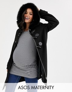 Черный дафлкот с отделкой искусственным мехом ASOS DESIGN Maternity