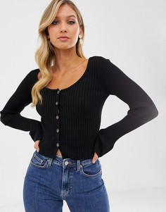 Кардиган в рубчик на пуговицах с глубоким вырезом ASOS DESIGN-Черный