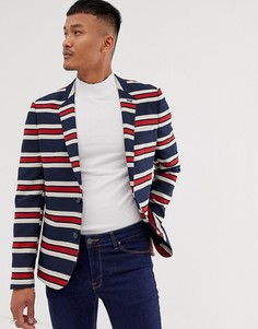 Приталенный блейзер в горизонтальную темно-синюю и красную полоску ASOS DESIGN-Темно-синий