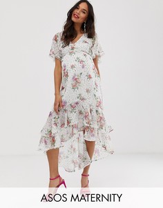 Платье миди в горошек, с цветочным принтом, кружевом и отделкой по краю ASOS DESIGN Maternity-Мульти