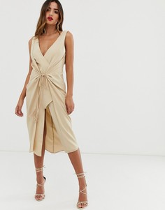 Платье миди с веревочным поясом ASOS DESIGN-Бежевый