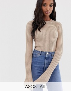 Джемпер в мелкий рубчик с круглым вырезом ASOS DESIGN Tall-Светло-бежевый