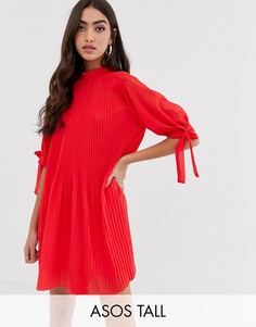 Плиссированное платье-трапеция мини с завязками на рукавах ASOS DESIGN Tall-Красный