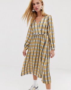 Платье миди в клетку с V-образным вырезом ASOS WHITE-Желтый