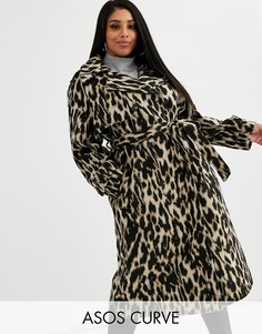 Oversize-пальто с леопардовым принтом и поясом ASOS DESIGN Curve-Мульти