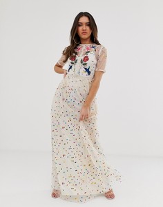 Платье макси в разноцветный горошек с вышитыми цветами и птицами Frock And Frill-Мульти