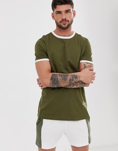 Футболка цвета хаки из органического хлопка с белой окантовкой ASOS DESIGN-Зеленый
