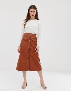 Юбка миди из искусственной кожи на кнопках с эффектными карманами ASOS DESIGN-Коричневый
