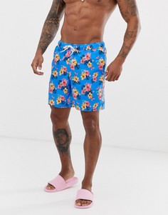 Шорты для плавания средней длины с гавайским цветочным принтом ASOS DESIGN-Синий