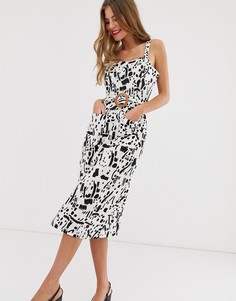 Льняной сарафан миди с квадратным вырезом и деревянной пряжкой ASOS DESIGN-Мульти