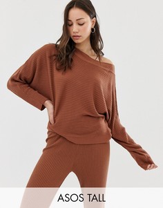 Трикотажный свитшот для дома в рубчик с открытыми плечами ASOS DESIGN Tall-Коричневый