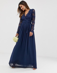 Платье макси с длинными рукавами и кружевной отделкой Club L Bridesmaid-Темно-синий