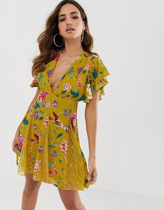 Платье мини с кружевными вставками и цветочным принтом ASOS DESIGN-Мульти