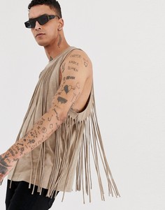 Свободная фестивальная майка из ткани под лен с бахромой ASOS DESIGN-Бежевый