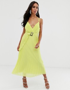 Плиссированное платье миди на тонких бретельках с поясом ASOS DESIGN-Мульти