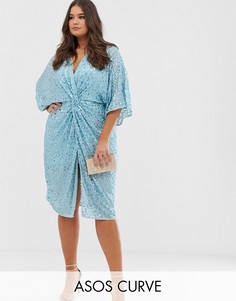 Платье-кимоно миди с пайетками ASOS DESIGN Curve-Синий