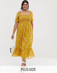 Платье миди с цветочным принтом, присборенным лифом и оборкой Lovedrobe-Желтый