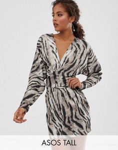 Атласное платье мини с рукавом \летучая мышь\" и принтом \"зебра\" ASOS DESIGN Tall-Мульти