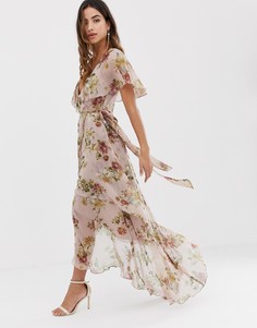 Платье макси с кейпом, цветочным принтом и удлиненным краем ASOS DESIGN-Мульти