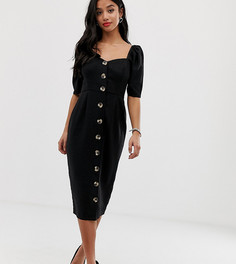 Льняное платье миди с вырезом сердечком и пуговицами ASOS DESIGN Petite-Черный