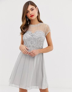 Короткое приталенное платье с короткими рукавами и отделкой Frock & Frill-Серый