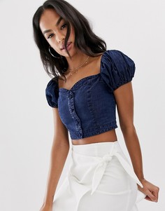 Джинсовый кроп-топ с пышными рукавами ASOS DESIGN-Синий