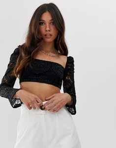 Черный кружевной кроп-топ с квадратным вырезом Missguided
