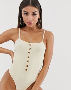 Трикотажный боди в рубчик на пуговицах ASOS DESIGN-Кремовый