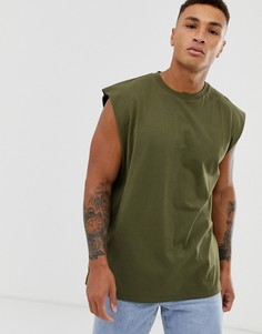 Длинная oversize-футболка без рукавов цвета хаки ASOS DESIGN-Зеленый