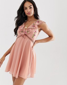 Платье мини с кружевной отделкой и вышивкой ASOS DESIGN-Мульти