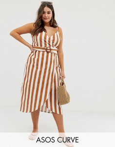 Платье миди в полоску с запахом и поясом с пряжкой ASOS DESIGN Curve-Мульти