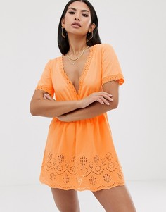 Неоново-персиковое выбеленное пляжное платье с вышивкой ришелье ASOS DESIGN-Желтый