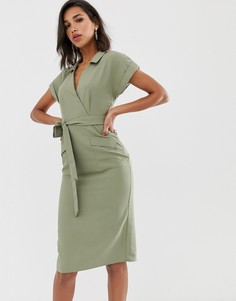 Платье миди в стиле милитари с запахом и воротником ASOS DESIGN-Зеленый