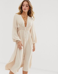 Платье миди на пуговицах с длинными рукавами ASOS DESIGN-Бежевый