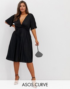 Плиссированное платье миди с широкими рукавами ASOS DESIGN Curve-Черный