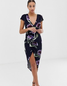 Платье с запахом и V-образным вырезом AX Paris-Темно-синий