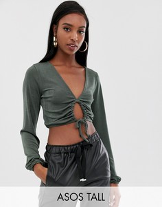 Облегающий топ с пышными рукавами на манжете и завязкой спереди ASOS DESIGN Tall-Зеленый