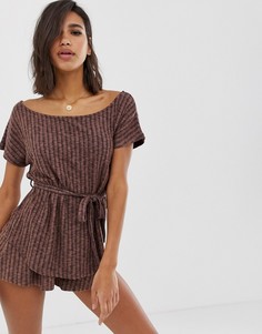 Домашний топ с открытыми плечами и поясом ASOS DESIGN-Коричневый