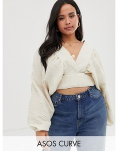 Топ из жатой ткани с длинными рукавами, запахом и завязкой на талии ASOS DESIGN Curve-Светло-бежевый