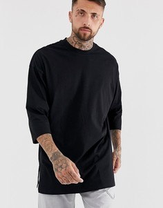 Черная супердлинная oversize-футболка с рукавами 3/4 ASOS DESIGN-Черный