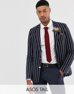 Темно-синий приталенный блейзер в полоску с золотистыми пуговицами ASOS DESIGN Tall wedding