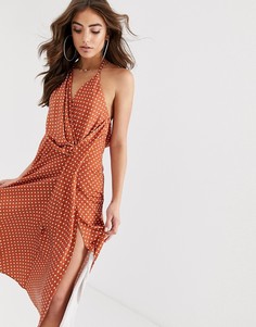 Темно-оранжевое атласное платье миди в горошек ASOS DESIGN-Мульти