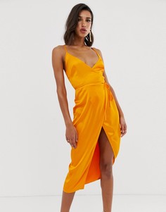 Атласное платье миди на бретелях с запахом ASOS DESIGN-Мульти